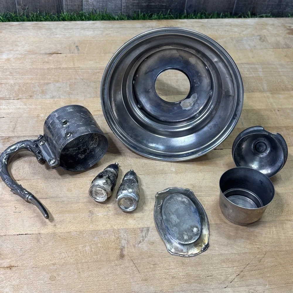 Vintage Silver Plated Carafe Warming Stand Parts Lot Victorian Art Nouveau Decor